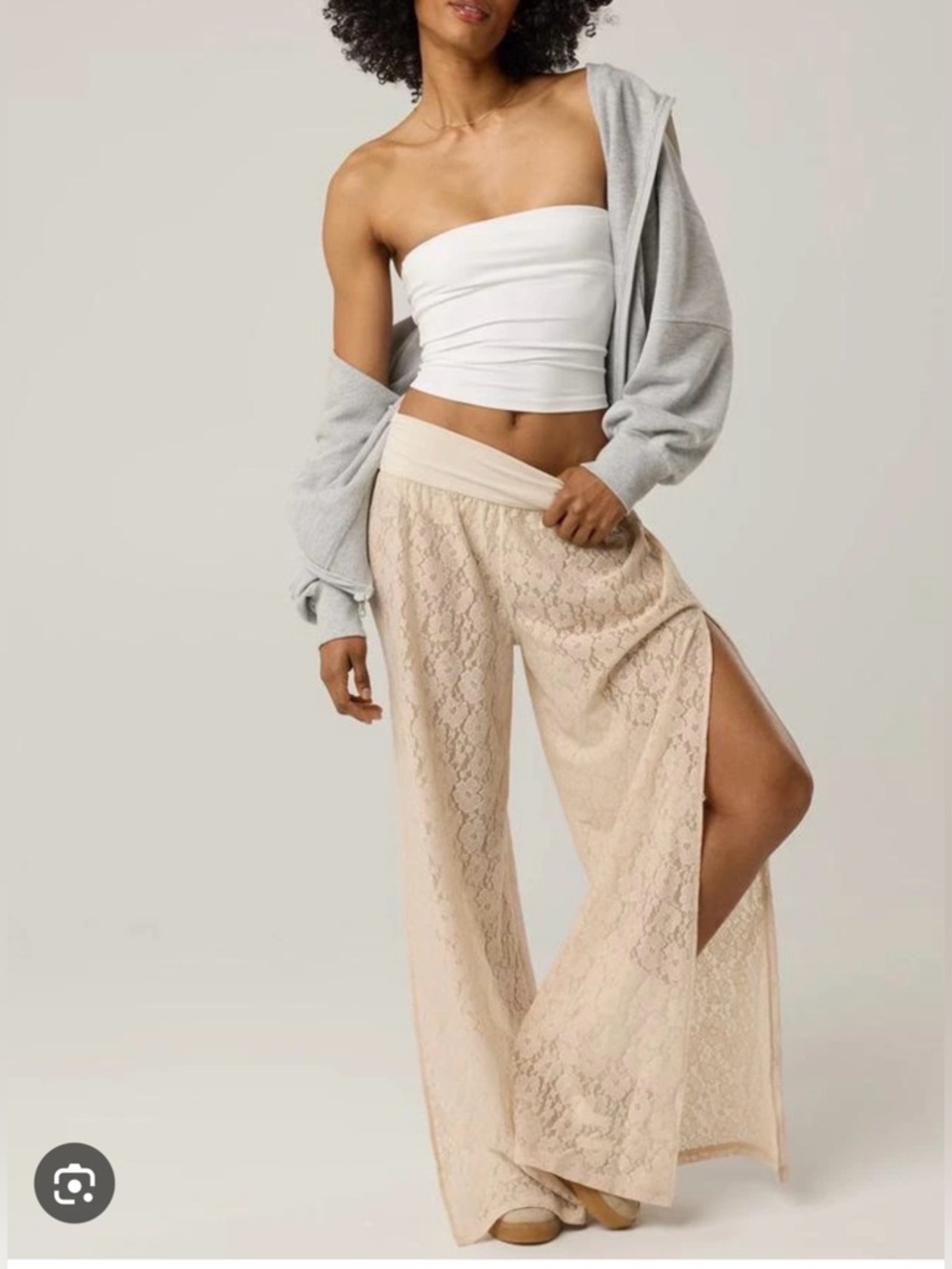 Wide-Leg Lace Overlay Pants in Cream